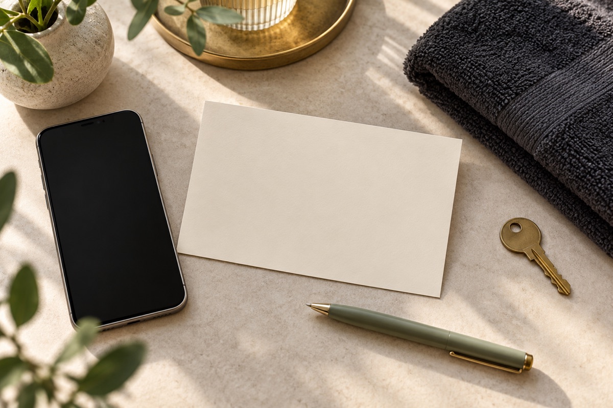 来店案内を準備するカードとスマートフォンのイメージ / Card and phone for planning arrival instructions