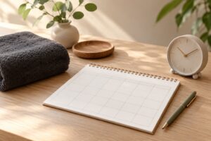 予約時間を計画する手帳、時計、タオルのイメージ / Planner, clock and towels for scheduling a treatment room