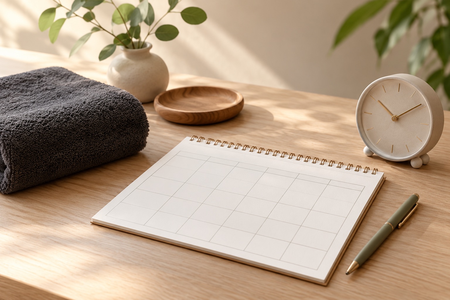 予約時間を計画する手帳、時計、タオルのイメージ / Planner, clock and towels for scheduling a treatment room